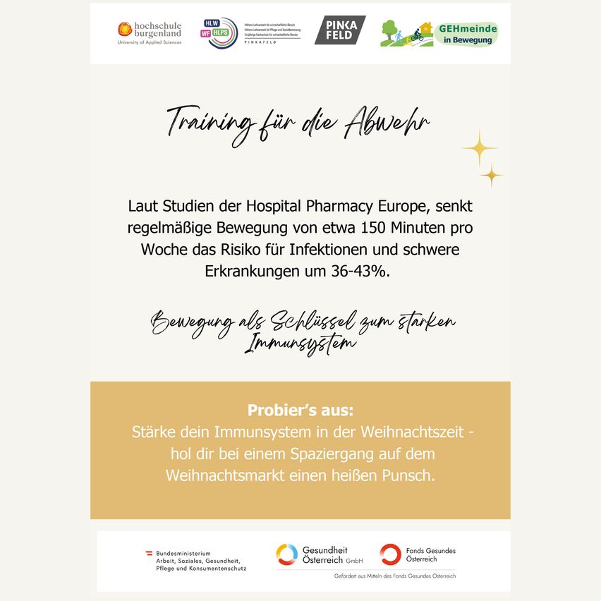Eine Anzeige der Fachhochschule Burgenland zeigt, dass regelmäßige Bewegung das Risiko für Infektionen und schwere Erkrankungen um 36-43% reduziert. Ein Zitat betont Bewegung als Schlüssel zu einem starken Immunsystem. Die Anzeige ermutigt, das Immunsystem in der Weihnachtszeit zu stärken.