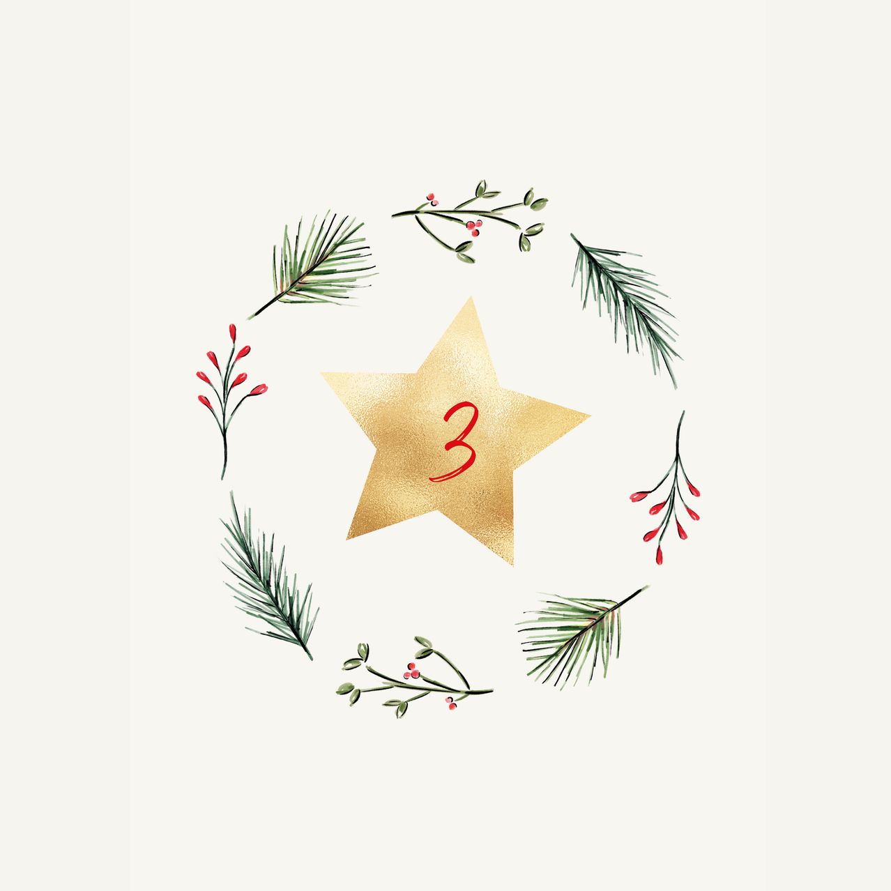 Ein goldener Stern mit der Nummer 3 ist von einem Kranz aus immergrünen Blättern und roten Beeren auf weißem Hintergrund umgeben.