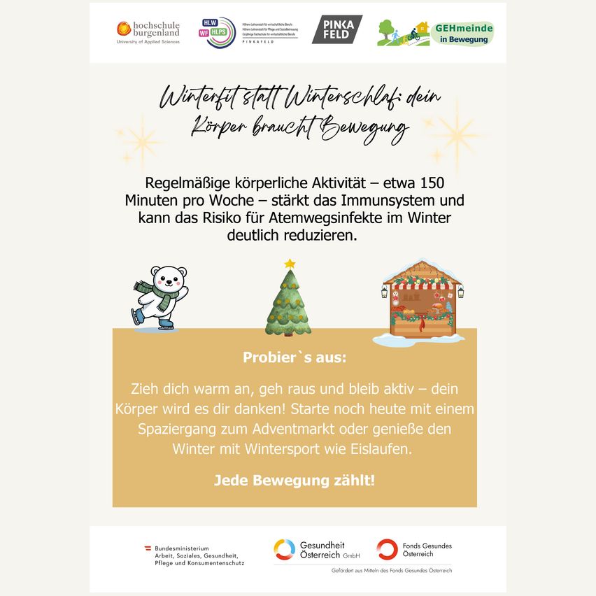 Ein Plakat mit Winterthema fördert regelmäßige körperliche Aktivität. Es betont, dass 150 Minuten wöchentliche Bewegung das Immunsystem stärkt und das Risiko von Atemwegsinfektionen reduziert. Es ermutigt zu Aktivitäten wie Spaziergänge zum Adventmarkt oder Wintersport.