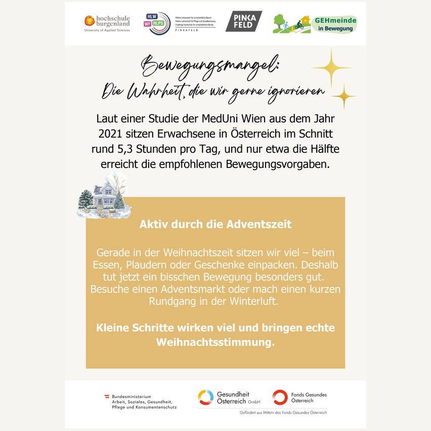 Poster zur Förderung der körperlichen Aktivität während der Adventszeit. Es zeigt eine Studie, nach der österreichische Erwachsene 5,3 Stunden täglich sitzen und nur die Hälfte die empfohlenen Bewegungsvorgaben erreicht. Ermutigt zu kurzen Winterspaziergängen oder Besuchen von Adventmärkten zur Stimmungsaufhellung.