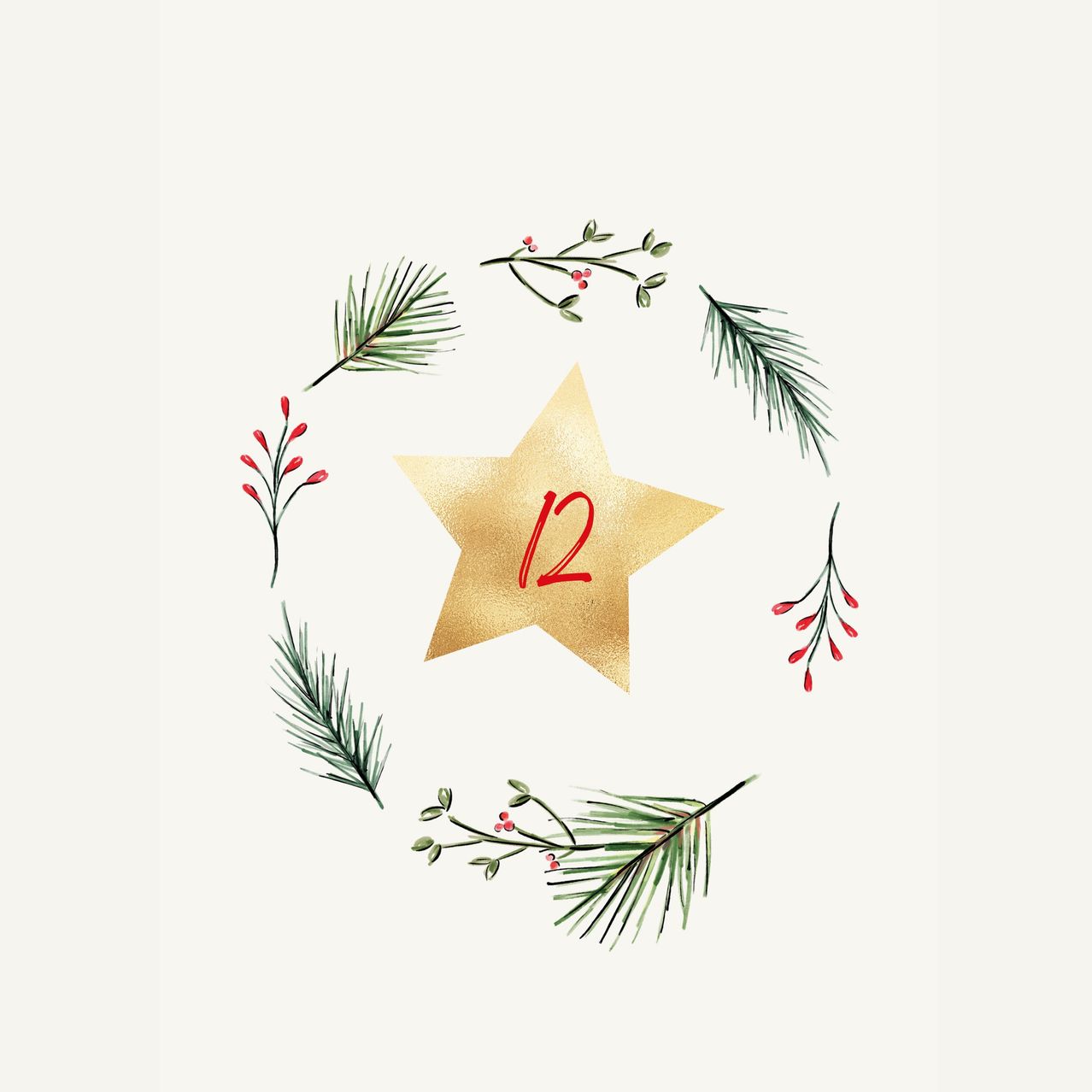 Ein goldener Stern mit der Nummer 12 ist von einer Girlande aus roten Beeren und immergrünen Blättern umgeben.