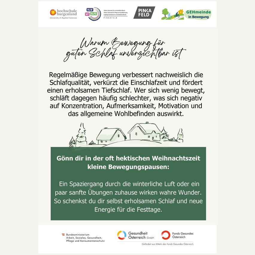 Infografik über die Vorteile von Bewegung für besseren Schlaf. Sie zeigt, dass regelmäßige Bewegung die Schlafqualität verbessert, die Einschlafzeit verkürzt und einen erholsamen Schlaf fördert. Mangelnde Bewegung wirkt sich negativ auf Konzentration, Aufmerksamkeit, Motivation und das allgemeine Wohlbefinden aus.