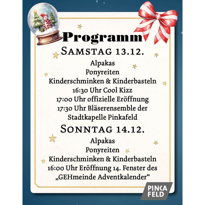 Plakat für Pinkafelds Winterprogramm. Es beinhaltet Veranstaltungen wie Alpakas, Ponyreiten, Kinderspiele und die Eröffnung des Gemeinde-Adventskalenders am Samstag, den 14. Dezember.