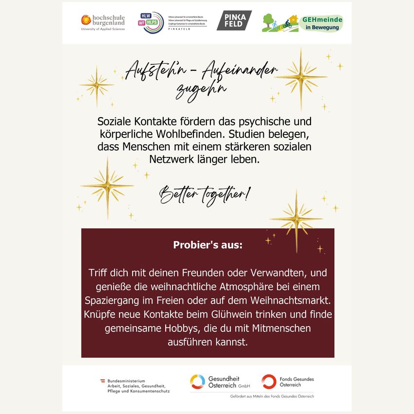 Das Poster fördert soziale Interaktionen während der Feiertage. Es zeigt festliche Sterne und Text, der das Treffen von Freunden und Familie, den Genuss des Weihnachtsmarktes, die Kontaktaufnahme und das Finden gemeinsamer Hobbys bewirbt. Logos verschiedener Organisationen befinden sich am unteren Rand.