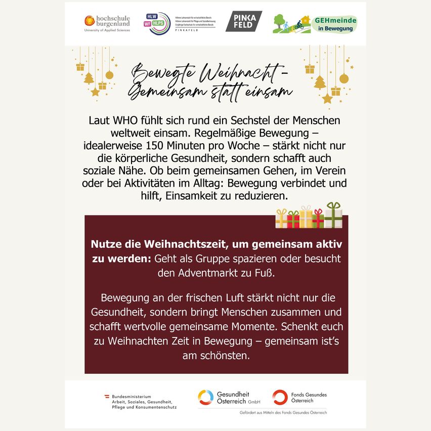 Das Bild fördert die Vorteile von Bewegung und betont, dass regelmäßige körperliche Aktivität sowohl die körperliche Gesundheit als auch soziale Verbindungen verbessern kann. Es schlägt vor, die Weihnachtszeit für Gruppenaktivitäten zu nutzen, wie Spaziergänge oder den Besuch des Weihnachtsmarkts. Das Bild enthält Logos verschiedener Organisationen im Bereich Gesundheit und Bewegung.