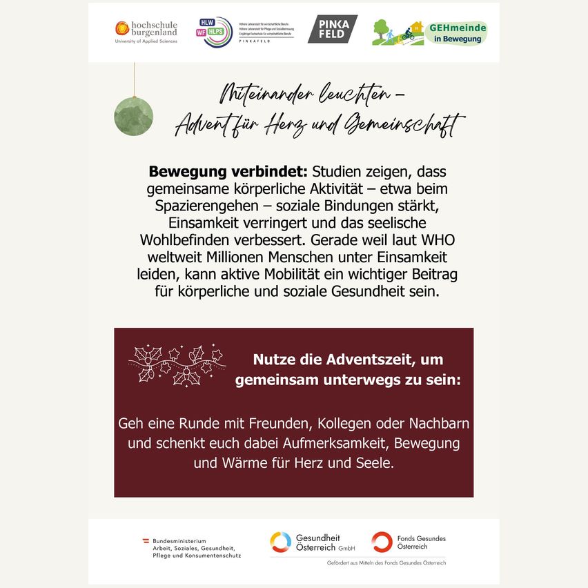 Infografik, die eine gemeinsame Wanderinitiative während der Adventszeit fördert. Sie hebt Studien hervor, die zeigen, dass gemeinsame körperliche Aktivität soziale Bindungen stärkt, Einsamkeit verringert und das seelische Wohlbefinden verbessert. Sie ermutigt, die Adventszeit für gemeinsames Wandern zu nutzen und Gemeinschaftsgeist zu fördern.