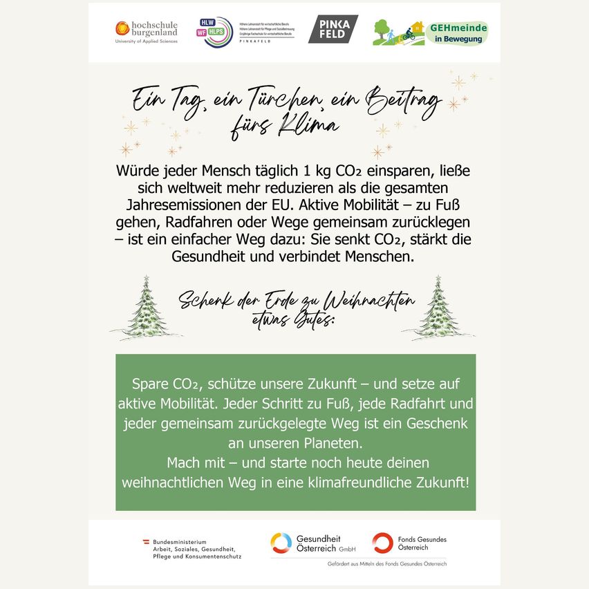 Das Bild befürwortet die Reduzierung von CO2-Emissionen durch die Förderung aktiver Mobilität. Es schlägt vor, dass Gehen, Radfahren oder gemeinsam Gehen die CO2-Emissionen erheblich reduzieren, die Gesundheit verbessern und Menschen verbinden können. Es ermutigt, aktive Mobilität als Weihnachtsgeschenk für eine nachhaltige Zukunft zu nutzen.