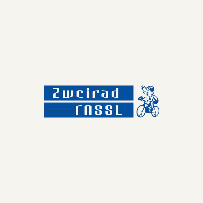 Das Logo von Zweirad FassL, das einen Jungen auf einem Fahrrad auf blauem Hintergrund zeigt.