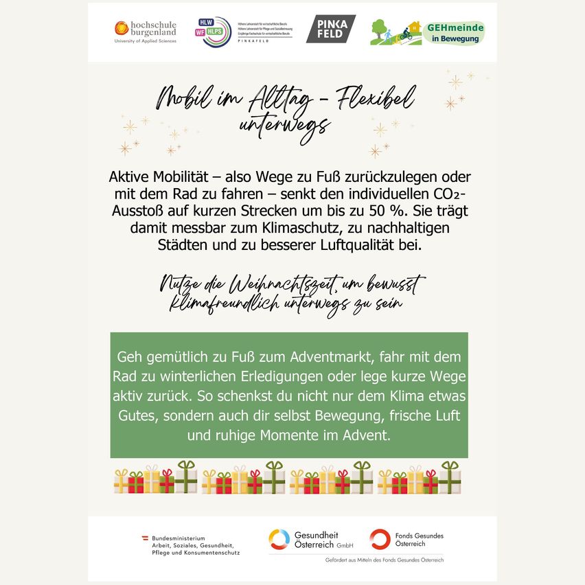 Plakat zur Förderung aktiver Mobilität. Es hebt das Gehen oder Radfahren als Möglichkeiten hervor, CO2-Emissionen um bis zu 50% auf kurzen Strecken zu reduzieren. Es ermutigt zu bewusstem Reisen während der Weihnachtszeit zum Klimaschutz und zur Verbesserung der Luftqualität. Es schlägt vor, zu Adventsmärkten zu gehen oder zu fahren, für ein gesundes, umweltfreundliches Fest.