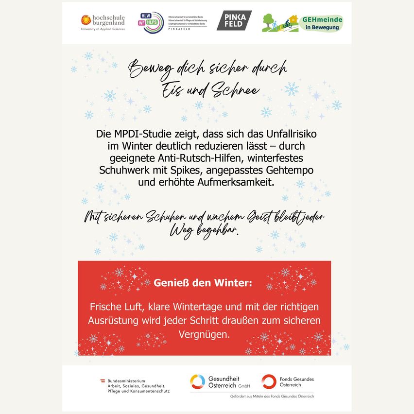 Ein Plakat zur Förderung der Wintersicherheit, das eine Studie zur Unfallreduzierung im Winter vorstellt. Es empfiehlt Anti-Rutsch-Hilfen, Winterschuhe, passende Kleidung und erhöhte Aufmerksamkeit. Es ermutigt zum sicheren Gehen mit geeigneten Schuhen und guter Laune.