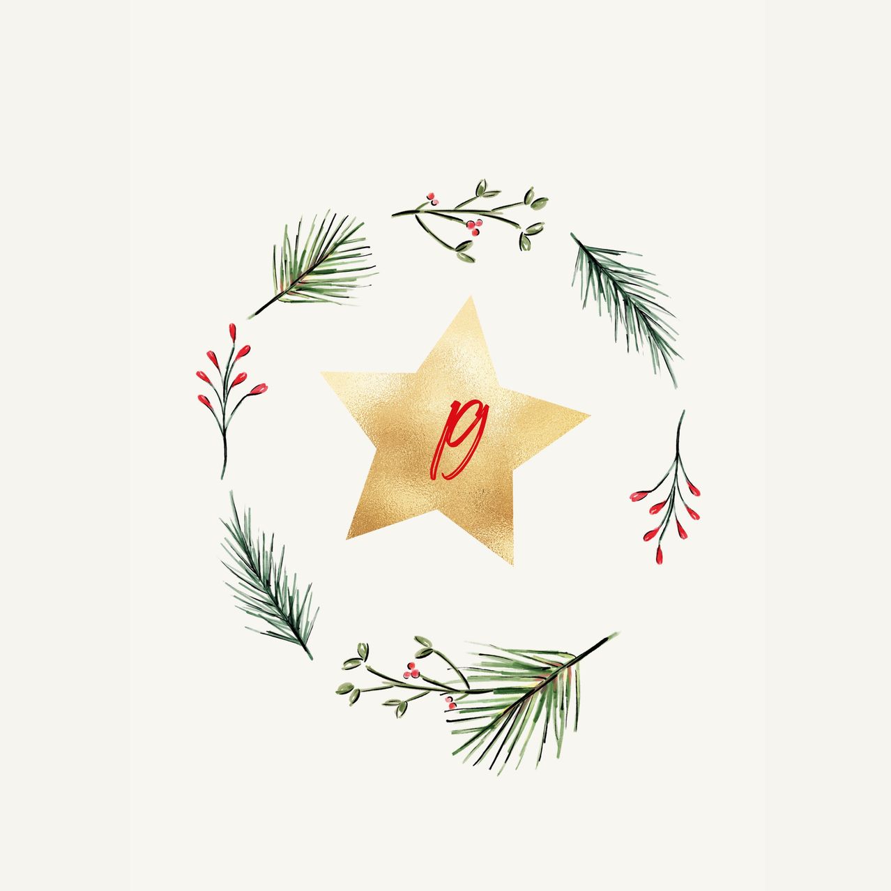 Ein goldener Stern mit der Nummer 9 ist von Zweigen, Blättern und roten Beeren auf weißem Hintergrund umgeben.