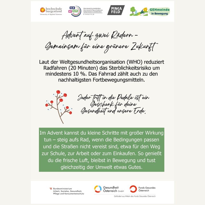 Das Bild fördert das Radfahren während der Adventszeit und reduziert das Sterblichkeitsrisiko um mindestens 10%. Es hebt das Radfahren als nachhaltiges Transportmittel hervor. Das grün gestaltete Bild zeigt einen Baum mit roten Früchten und betont ein Geschenk für die Gesundheit und die Umwelt.