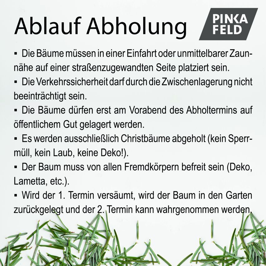 Die Bäume müssen in einer Einfahrt oder unmittelbarer Nähe zu einer Straße platziert sein. Die Verkehrssicherheit darf durch die Platzierung nicht beeinträchtigt sein. Bäume dürfen erst am Vorabend des Abholtermins auf öffentlichem Gut gelagert werden. Es werden ausschließlich Christbäume abgeholt (kein Sperrmüll, keine Laub, keine Deko). Der Baum muss von allen Fremdkörpern befreit sein (Deko, Lametta, etc.). Wird der 1. Termin versäumt, wird der Baum in den Garten zurückgelegt und der 2. Termin kann wahrgenommen werden.