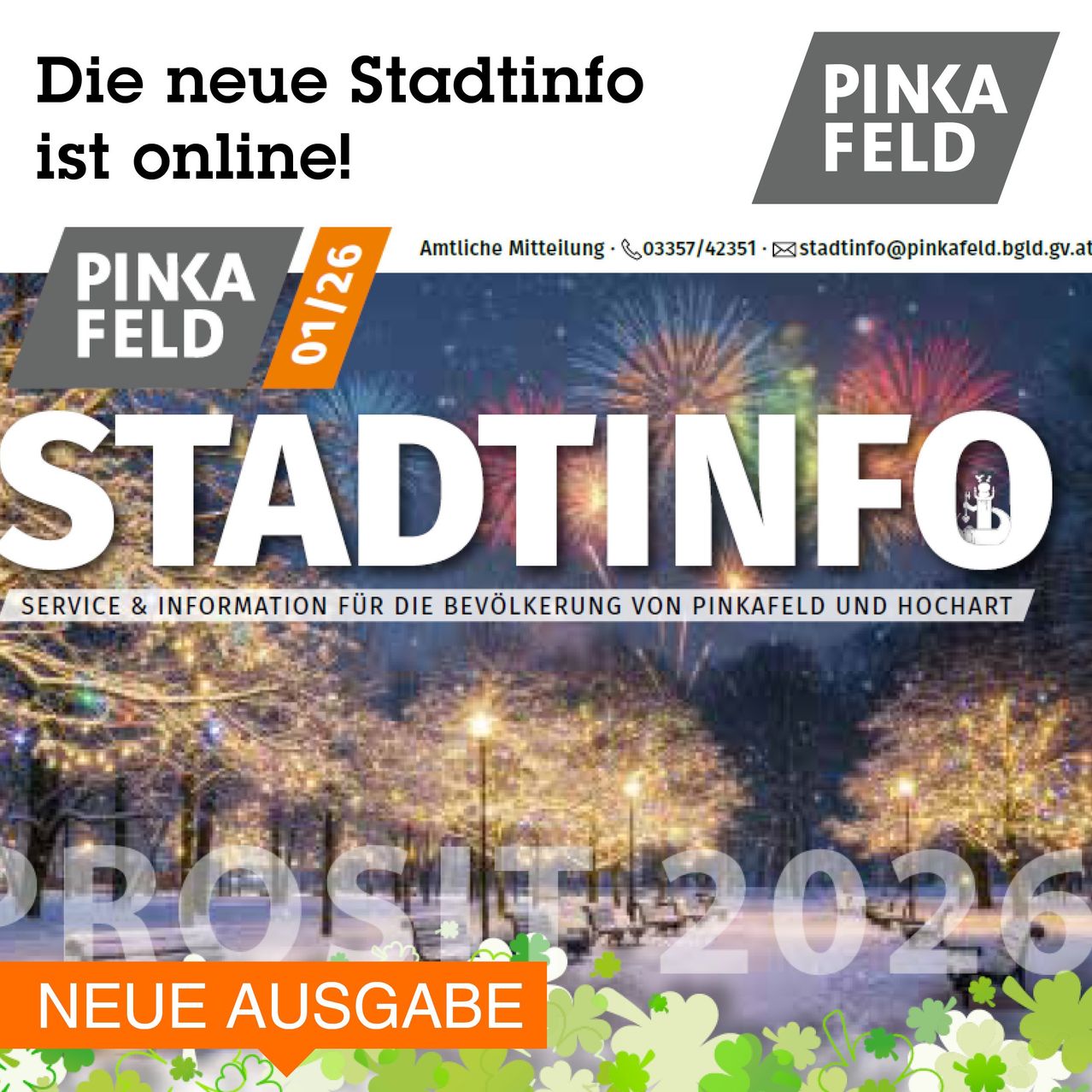 Ein Plakat, das die neue Online-Stadtinfo für Pinkafeld bewirbt. Es zeigt eine Winterlandschaft mit Feuerwerk, Straßenlaternen und Bäumen. Der Text hebt den Service und die Informationen für Pinkafeld und Hochart hervor.