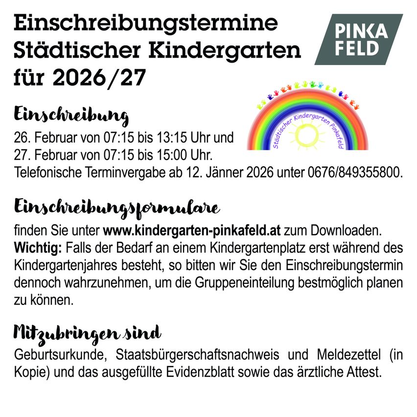 Plakat über die Anmeldung für einen städtischen Kindergarten für 2026/27. Die Anmeldung ist am 26. Februar von 07:15 bis 13:15 Uhr und am 27. Februar von 07:15 bis 15:00 Uhr. Benötigte Dokumente sind Geburtsurkunde, Staatsbürgerschaftsnachweis und ärztliches Attest.