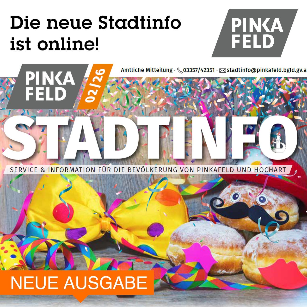 Werbung für die neue Stadtinfo Pinkafeld, online mit buntem Konfetti, Schleifen und Gebäck. Die Anzeige hebt den Service und die Informationen für die Bewohner von Pinkafeld und Hochart hervor.