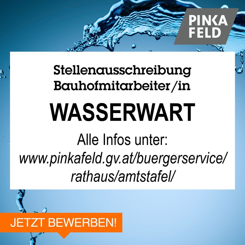 Stellenausschreibung für einen Gebäudewart in Wasserwart. Weitere Informationen finden Sie unter www.pinkafeld.gv.at/buergerservice/rathaus/amtstafel/. Jetzt bewerben!