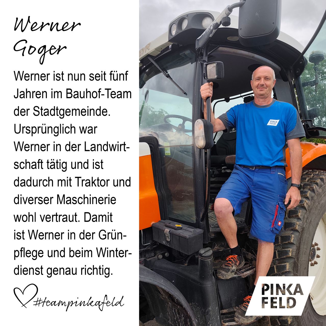 A man in a blue shirt stands next to a tractor, smiling. Text explains he has been in the municipal construction team for five years.