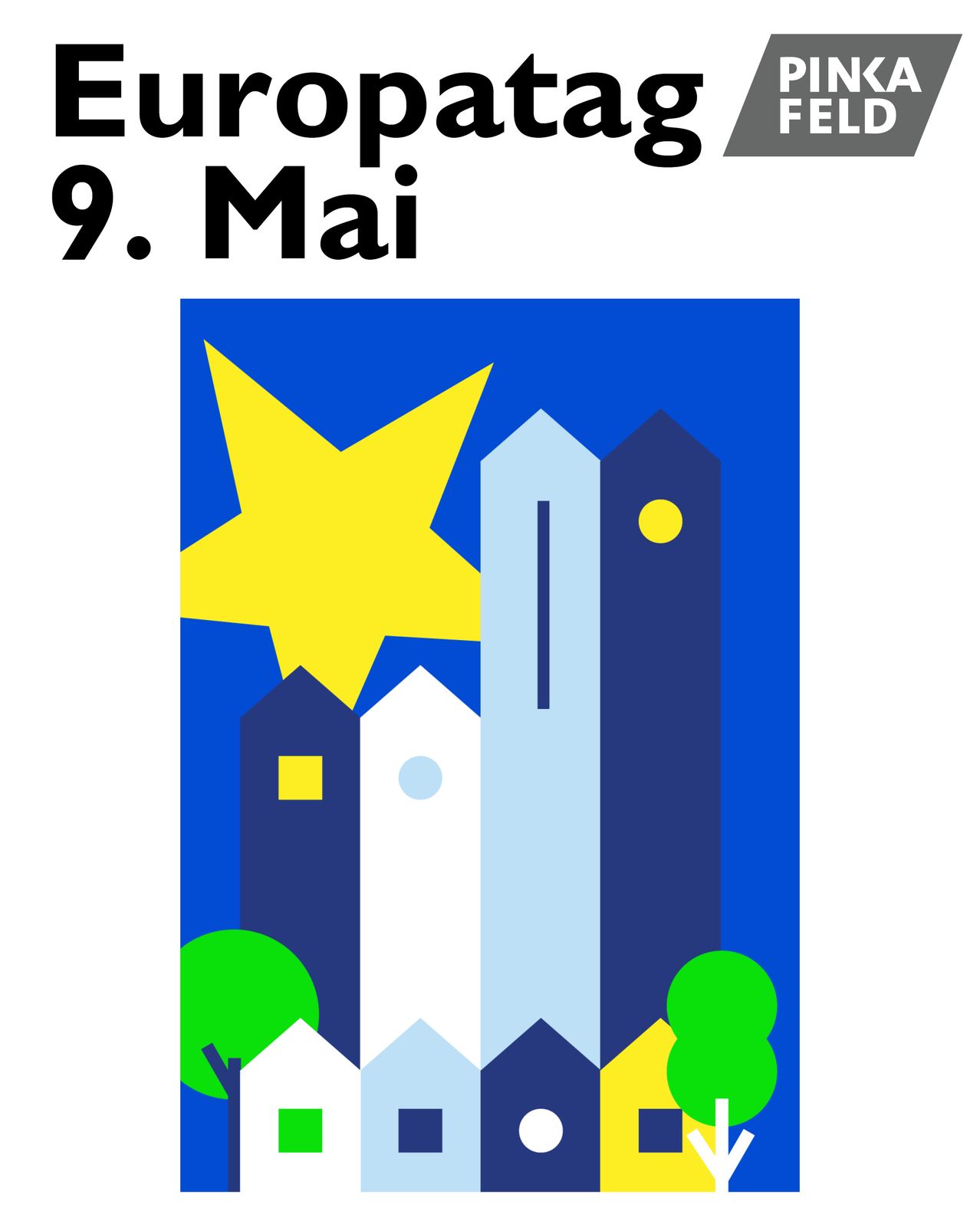 Eine Illustration einer Stadtlandschaft mit Gebäuden und einem Stern. Oben steht der 9. Mai.