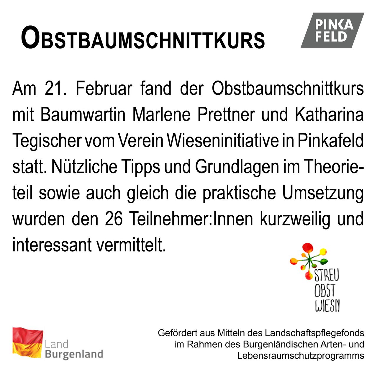Der Obstbaumschnittkurs fand am 21. Februar mit Baumwartin Marlene Prettner und Katharina Tegischer vom Verein Wieseninitiative in Pinkafeld statt. Nützliche Tipps und Grundlagen im Theorieteil sowie die praktische Umsetzung wurden den 26 Teilnehmern kurzweilig und interessant vermittelt.