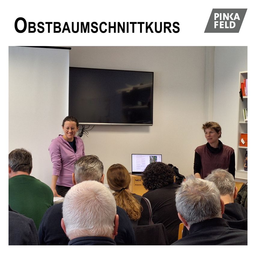 Zwei Frauen stehen vor einer Gruppe von Menschen in einem Klassenzimmer. Ein Monitor ist an der Wand hinter ihnen montiert.