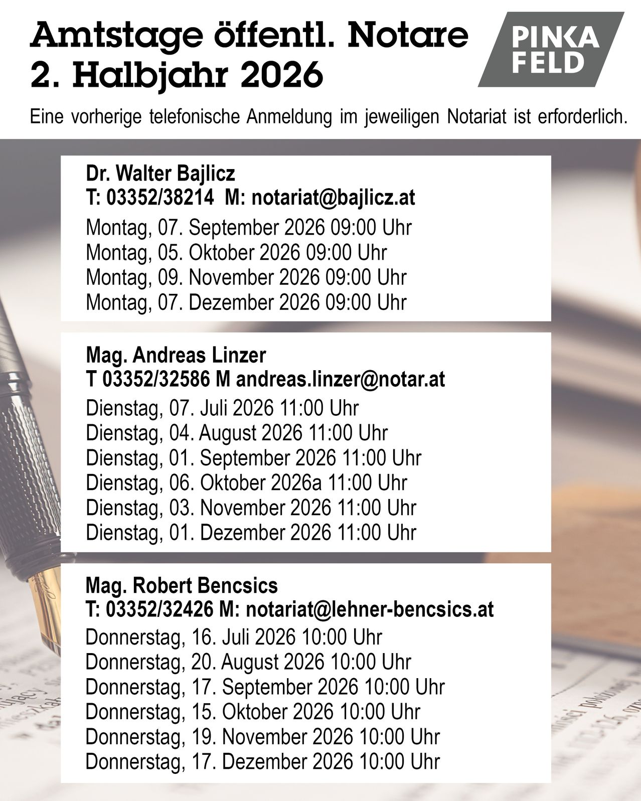 Ein Flyer mit Details zu Notarterminen für Dr. Walter Bajlicz, Mag. Andreas Linzer und Mag. Robert Bencsics, einschließlich Datum, Uhrzeit und Kontaktinformationen.
