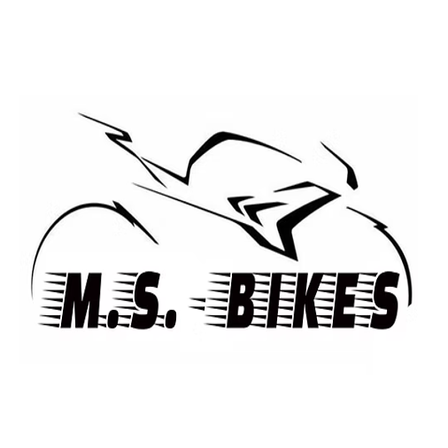 Das Logo von M.S. Bikes zeigt ein stilisiertes Motorrad in Bewegung, wobei der Markenname in fetter, serifenloser Schrift hervorsticht. Das Design ist schlank und modern, mit einem dynamischen und energiegeladenen Gefühl.
