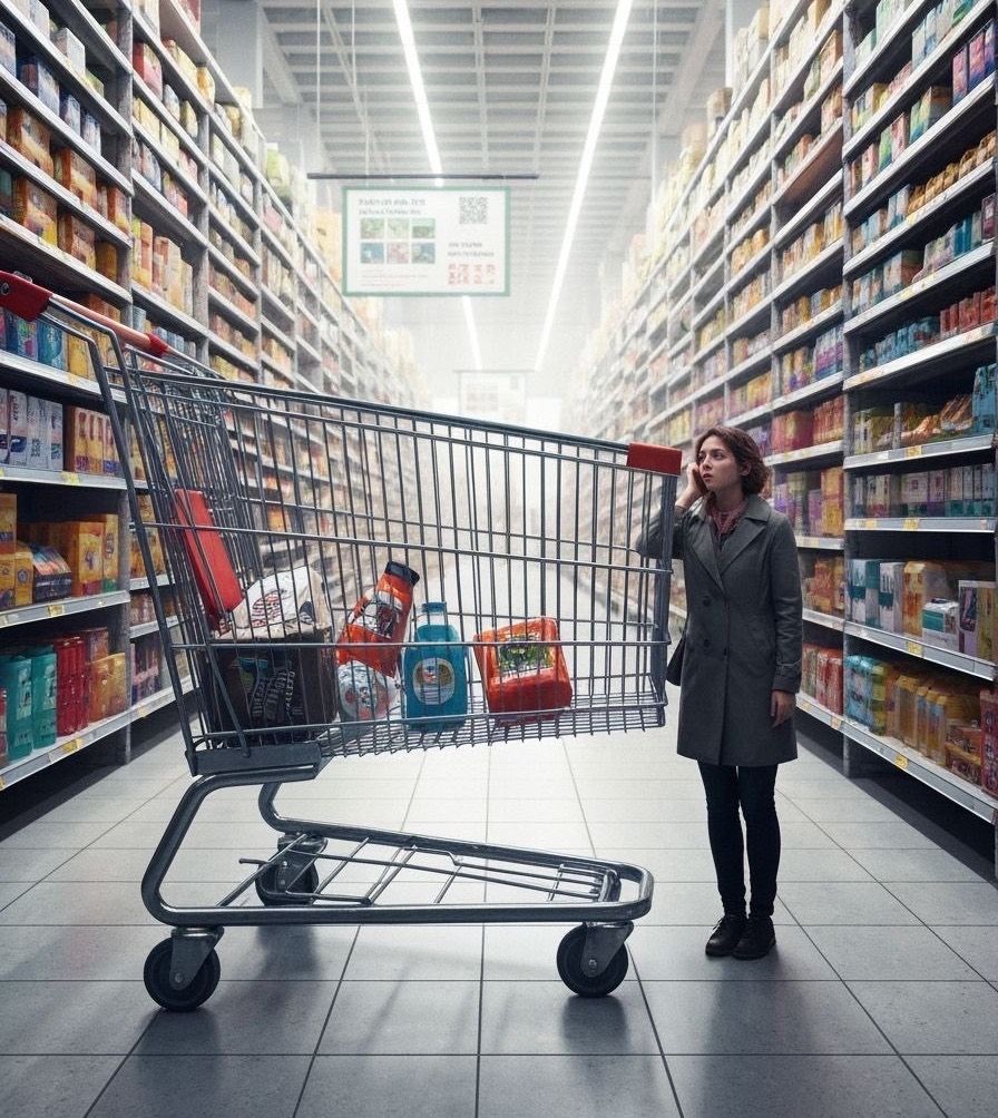 Eine Frau steht in einem Supermarktgang und hält einen Einkaufswagen voller Haushaltswaren. Sie sieht nachdenklich aus, möglicherweise schaut sie auf ihr Handy. Der Gang ist mit Regalen voller verschiedener Produkte gesäumt.