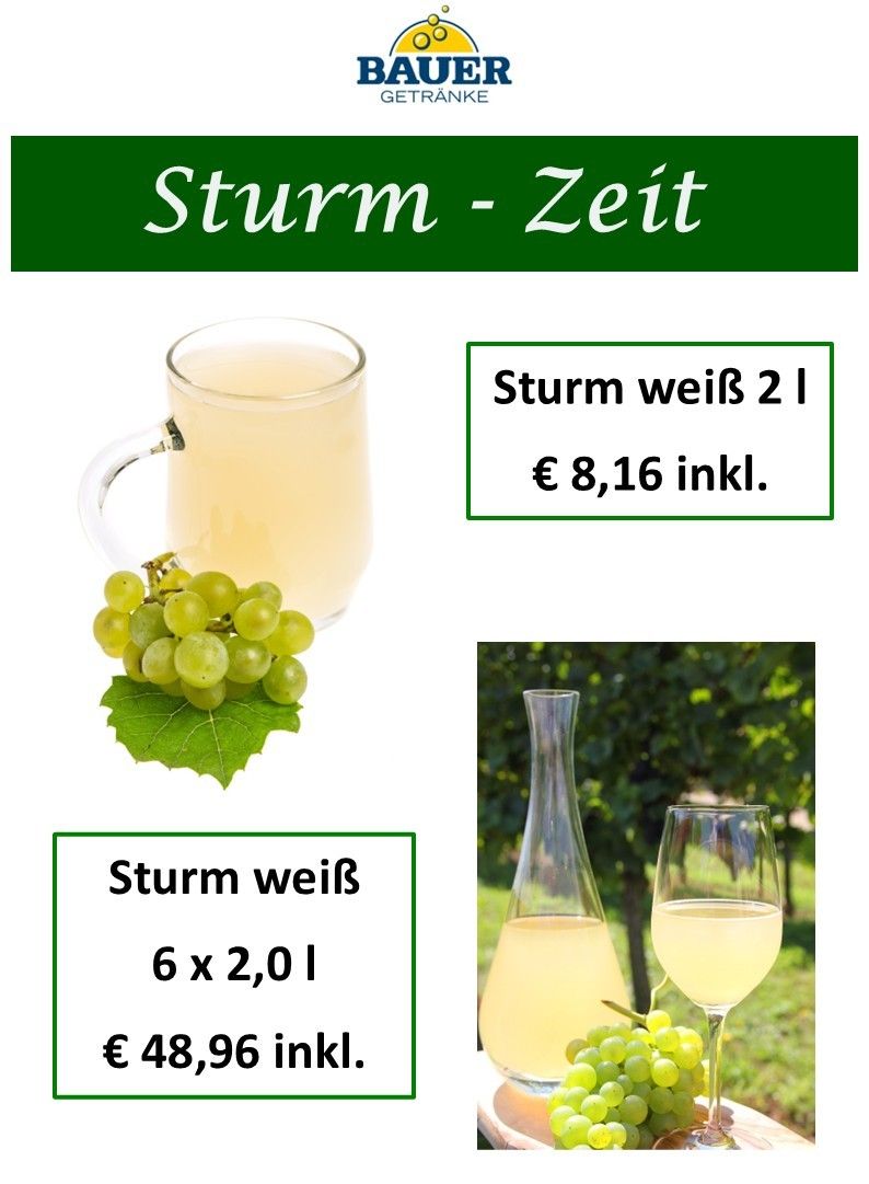 Werbung für Sturm-Zeit Weißwein. Es zeigt ein Glas Wein, eine Weinkaraffe und eine Traube. Der Preis beträgt 8,16 Euro.