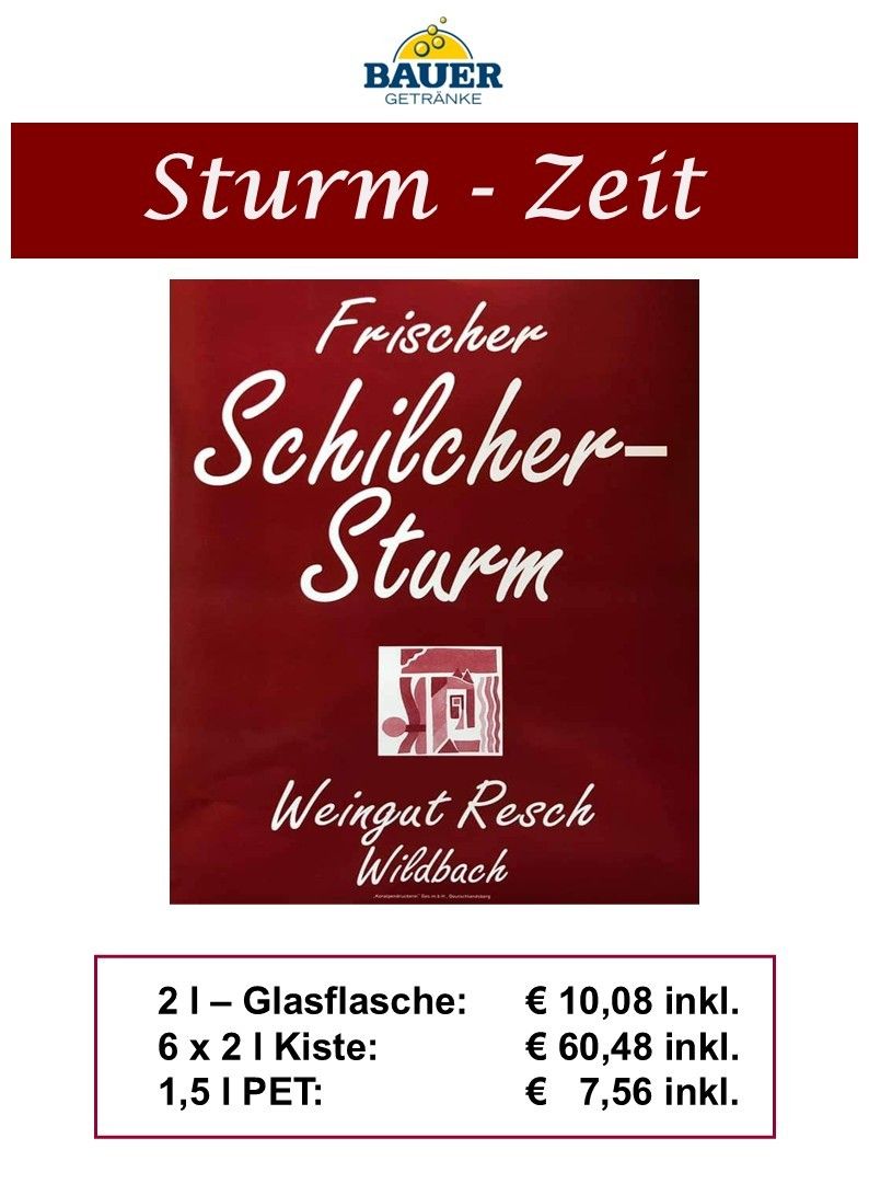 Ein Plakat für 'Sturm-Zeit' Wein, mit rotem Hintergrund, weißen Text, Logo und Preisinformationen.