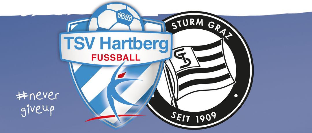 Plakat für ein Fußballspiel zwischen TSV Eger Glas Hartberg und SK Sturm Graz am 8. August um 19:30 Uhr in der Profertil Arena Hartberg. Das Plakat zeigt die Logos beider Teams und einen Stadionhintergrund.