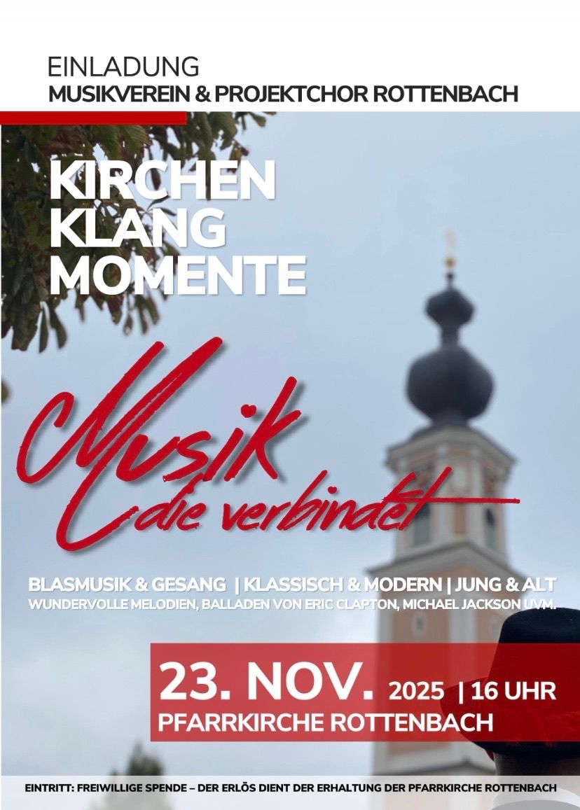 Werbeplakat für eine musikalische Veranstaltung mit dem Titel 'Kirchen Klang Momente', die eine Mischung aus klassischer und moderner Musik bietet, mit einem Hintergrund von einer Kirchenturmsilhouette. Die Veranstaltung verspricht wunderbare Melodien und Balladen von Künstlern wie Eric Clapton und Michael Jackson. Datum und Uhrzeit sind der 23. November 2025 um 16:00 Uhr.