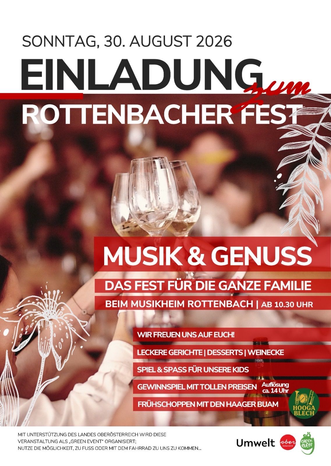 Plakat für das Rottenbacher Fest mit Weingläsern, einer Menschenmenge und einem Blumendesign. Es hebt Musik, Essen und Familienspaß im Musikheim Rottenbach ab 10:30 Uhr hervor.