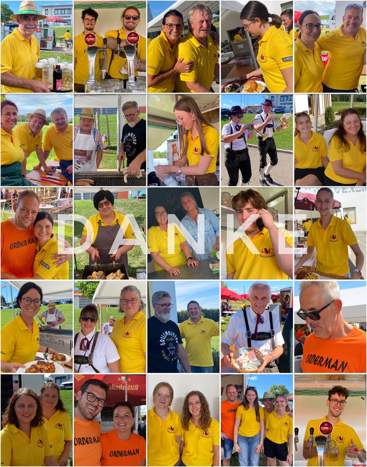 Eine Collage verschiedener Menschen in gelben T-Shirts, die bei einer Outdoor-Veranstaltung Aktivitäten wie Kochen, Grillen und Servieren von Speisen durchführen. Das Wort 'DANKE' ist prominent in der Mitte angezeigt.