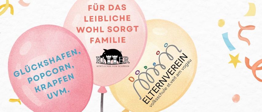 Ein Plakat bewirbt die Kinderfasching-Veranstaltung am 17. Februar 2026. Die Veranstaltung verspricht Glück, Popcorn und andere Leckereien. Sie beginnt um 14 Uhr im Kultursaal St. Veit am Vogau. Bunte Luftballons und Konfetti verleihen der Atmosphäre Festtagsstimmung. Sponsoren sind auch unten aufgeführt.