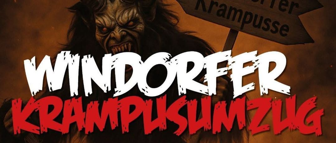 Plakat für die Winddorfer Krampuslauf-Veranstaltung. Es zeigt eine Krampusfigur, ein Schild zum Winddorfer Krampuslauf und Feuerwerk. Die Veranstaltung beginnt am 5. Dezember um 18:00 Uhr.