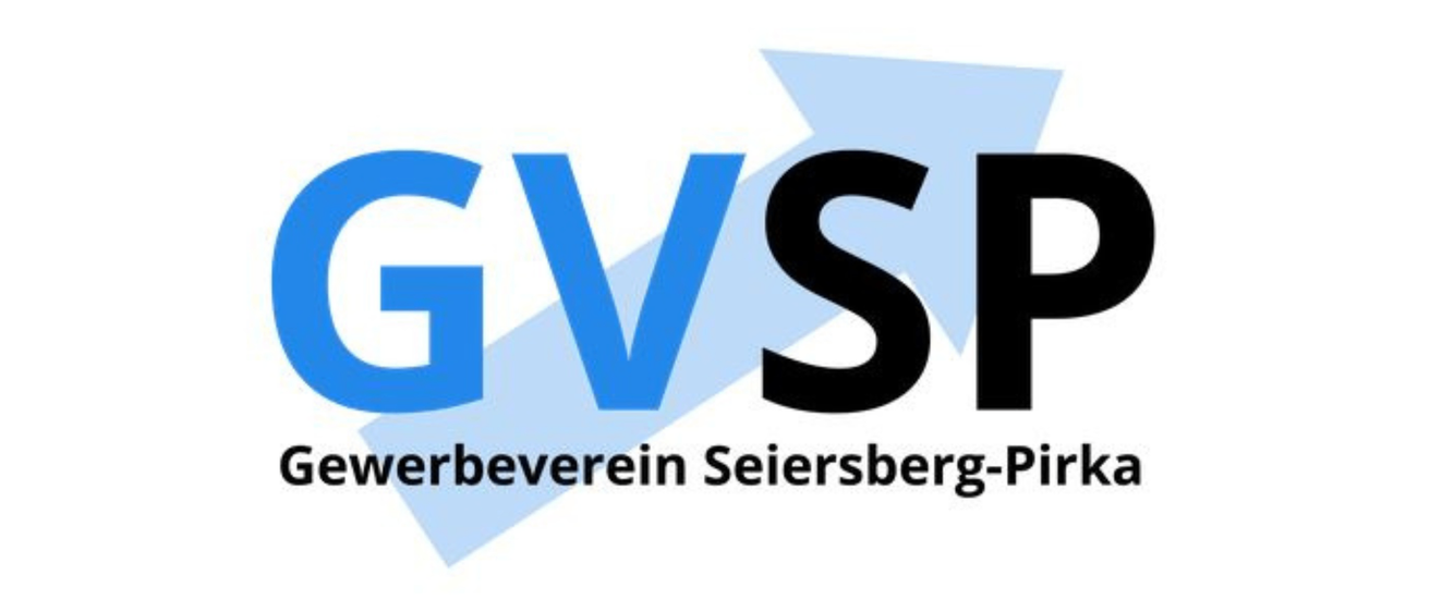 Logo des Gewerbevereins Seiersberg-Pirka mit blauem und schwarzem Text auf weißem Hintergrund.
