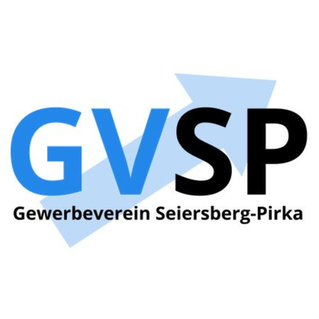 Logo für Gewerbeverein Seiersberg-Pirk, mit den Buchstaben GVSP in Blau und Schwarz, vor weißem Hintergrund.