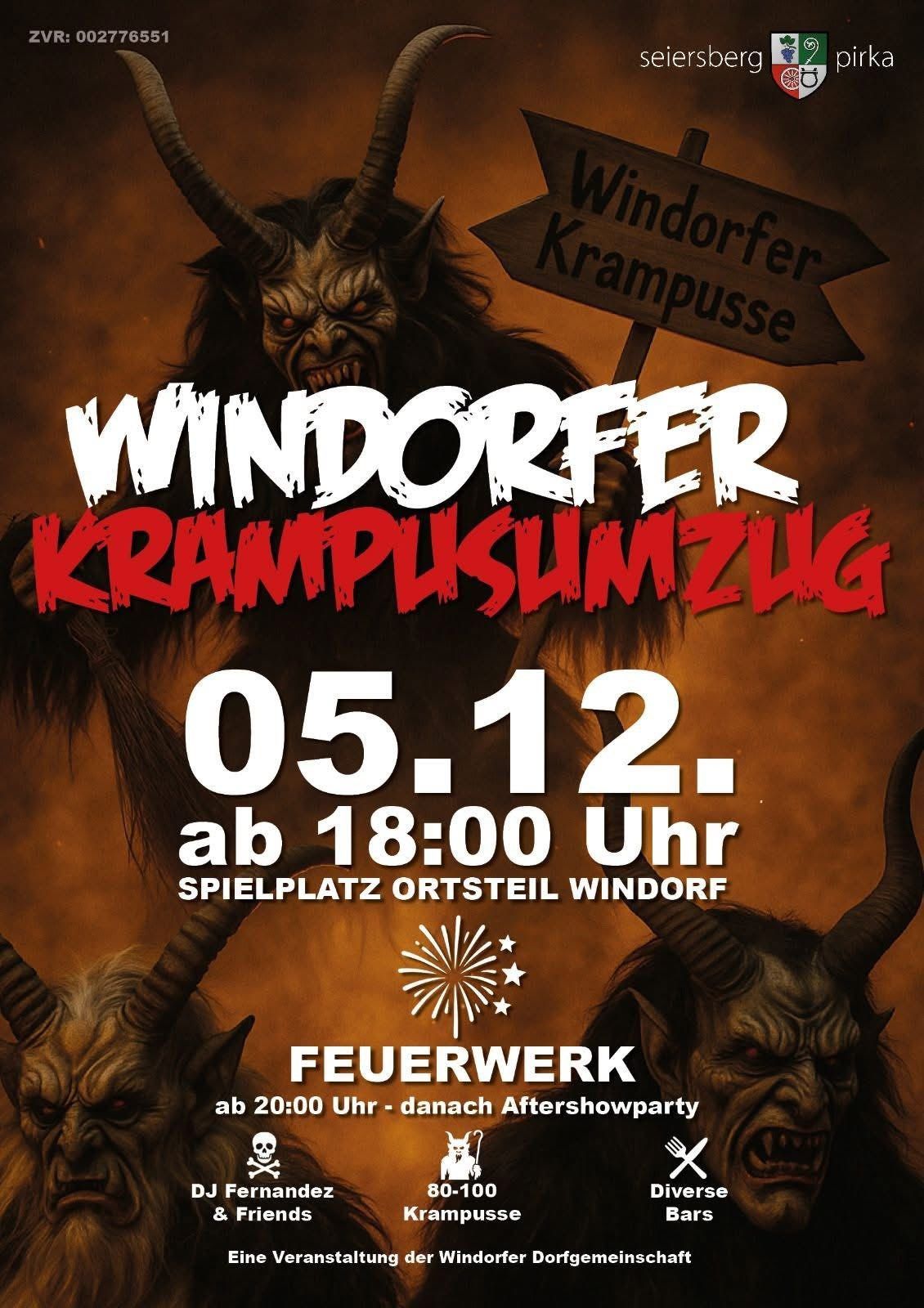 Werbeplakat für die Winddorfer Krampuslauf-Veranstaltung am 5. Dezember, Beginn um 18:00 Uhr, mit einem Krampus-Charakter mit Hörnern und einem Schild, das auf Winddorfer Krampuslauf zeigt. Feuerwerk um 20:00 Uhr, danach Aftershow-Party.