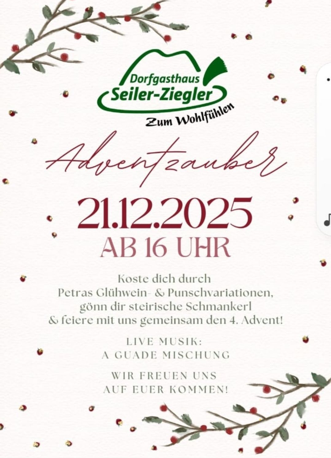 Einladung zur Adventzauber-Veranstaltung im Dorfgasthaus Seiler-Ziegter am 21.12.2025 ab 16 Uhr. Mit Live-Musik, steirischen Schmankerln und gemeinsamem 4. Advent feiern.