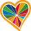 Kindergarten Gnas-Logo. Eine herzförmige Figur mit vielen Farben. Es hat einen schwarzen Hintergrund und weiße Linien. Es hat einen weißen Umriss und einen gelben Umriss.