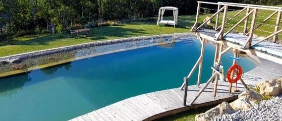 Ein großer Außenpool mit Holzdeck, einem Rettungsring und einem Baldachin in der Nähe der Bäume.