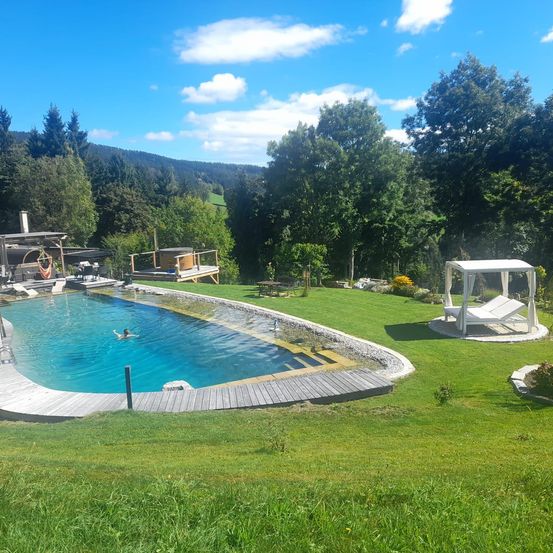 Ein Freibad auf einer Wiese mit einem Schwimmenden. In der Nähe stehen Bäume und eine kleine Holzterrasse.