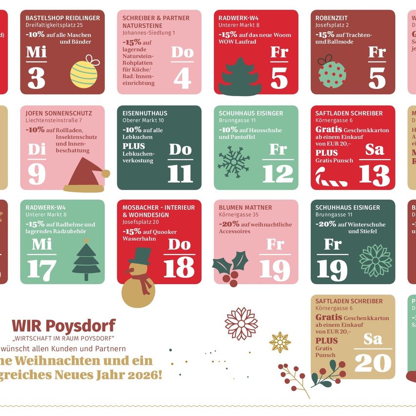 Verschiedene Geschäfte in Poysdorf bieten Rabatte und kostenlose Geschenke an. Zu den Geschäften gehören Bastlshop, Schreiber, Radwerk, Robenzeit, Jofen, Eisenhuthaus, Schuhhaus und Saftladen. Die Rabatte reichen von 10% bis 20% auf verschiedene Artikel. Saftladen bietet auch eine kostenlose Geschenkkarte bei einem Einkauf von 20 Euro an.