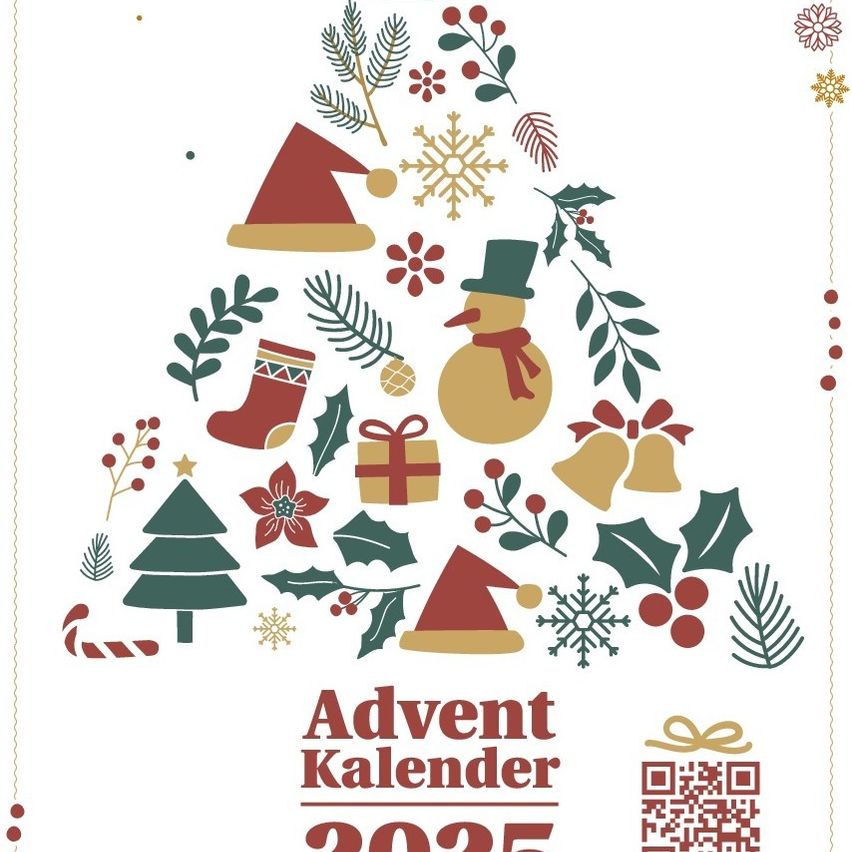 Ein weihnachtliches Design zeigt die Worte 'Adventskalender 2025' mit verschiedenen Winter- und Weihnachtssymbolen wie Schneeflocken, einem Schneemann und einem Weihnachtsbaum. Symbole umfassen einen Weihnachtshut, ein Geschenk und eine Zuckerstange. Ein QR-Code befindet sich rechts.