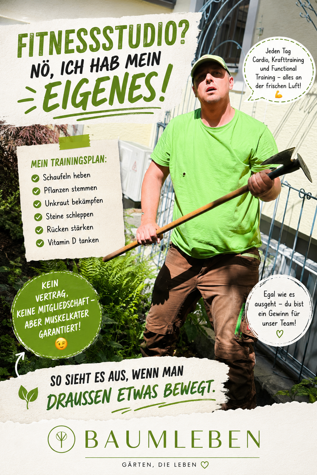 Ein Mann in einem grünen Shirt und braunen Hosen hält eine Axt in einem Garten. Eine Liste zeigt Trainingspläne wie Schaufeln, Pflanzen und Unkraut bekämpfen.