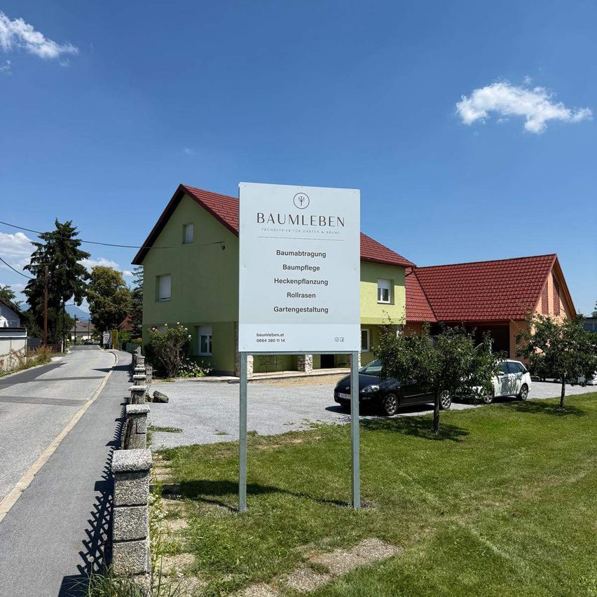 Ein Schild für Baumleben steht vor einem Haus. Das Schild trägt die Aufschrift Baumleben Baumabtragung, Baumpflege, Heckenzaunung, Rollrasen, Gartengestaltung. Autos sind davor geparkt. Bäume und Gras befinden sich am Straßenrand.