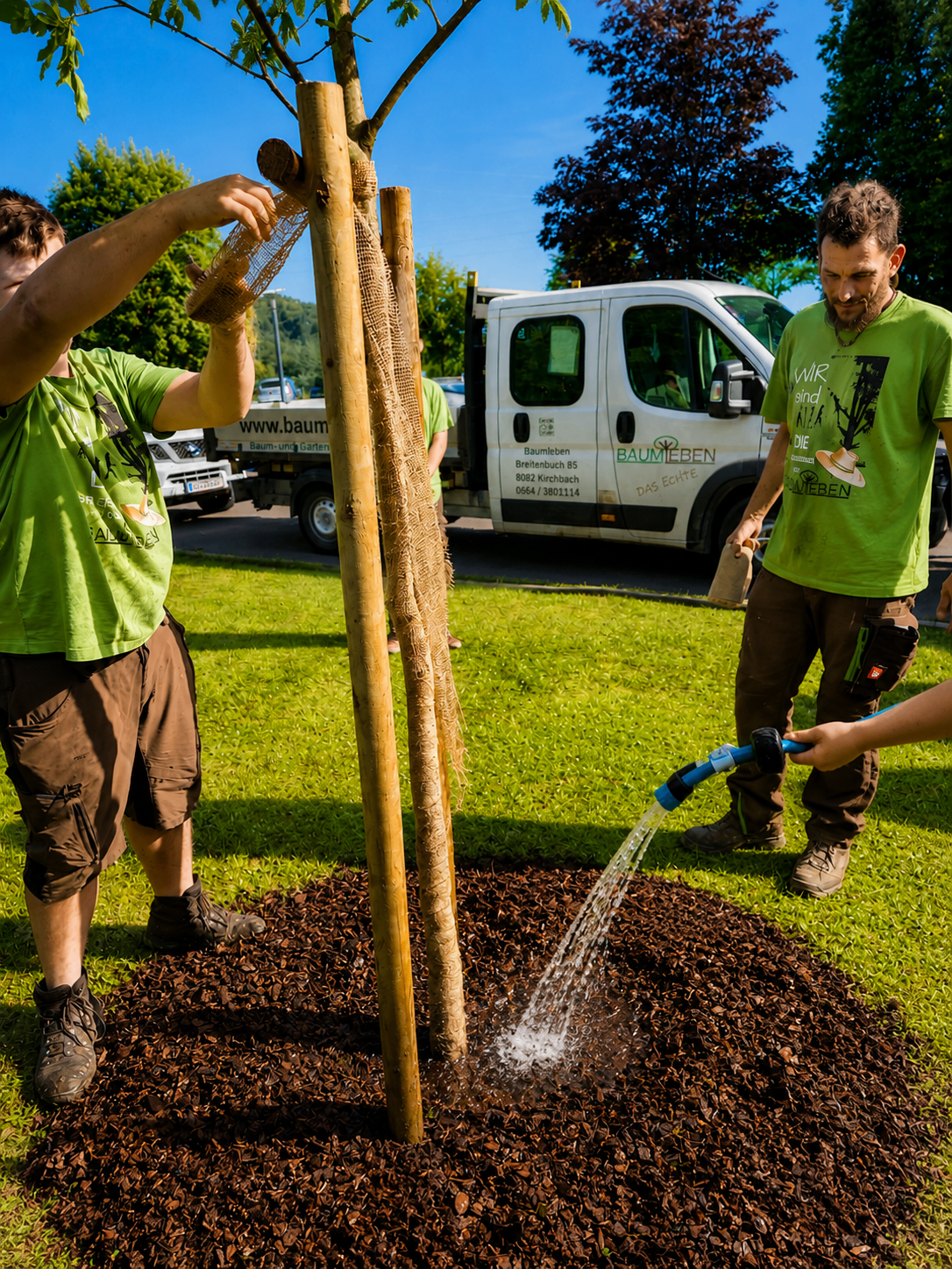 Gartenarbeiter beim Pflanzen eines Baumes mit Bewässerung in Kirchberg
