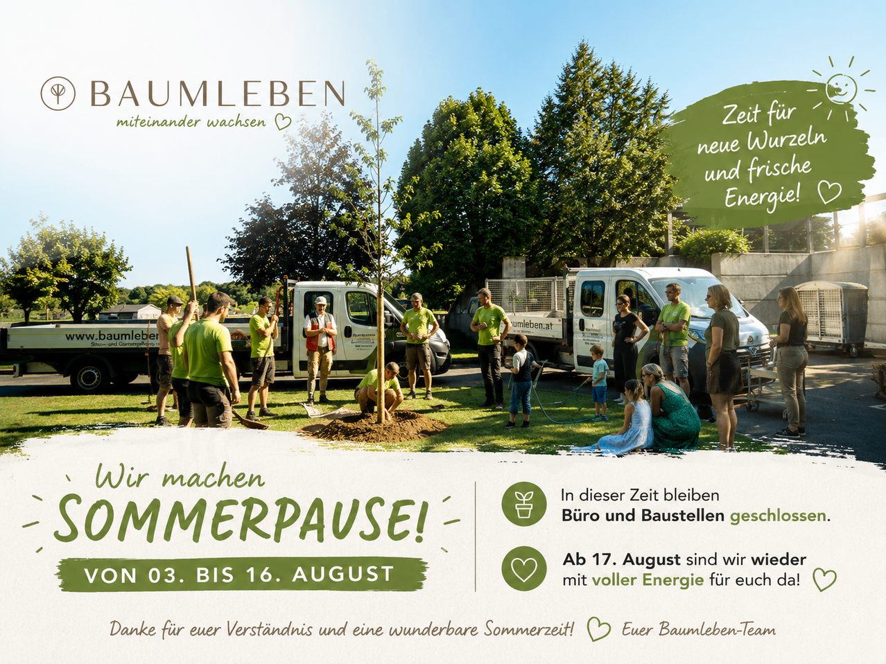 Baumleben-Team pflanzt Baum mit Kindern und Erwachsenen in Österreich.