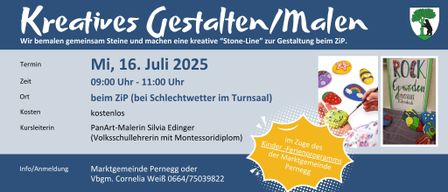 Eine Einladung zum Gestalten und Erstellen einer kreativen Steinlinie. Datum: 6. Juli 2025. Zeit: 11:00 Uhr. Ort: Turnsaal oder drinnen bei schlechtem Wetter. Veranstaltet von Silvia Edinger, einer zertifizierten Montessori-Lehrerin.